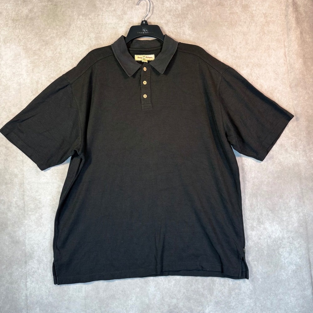 Tommy Bahama Polo Shirt Men XL Black Silk Cotton Textured Short Sleeve Coastal